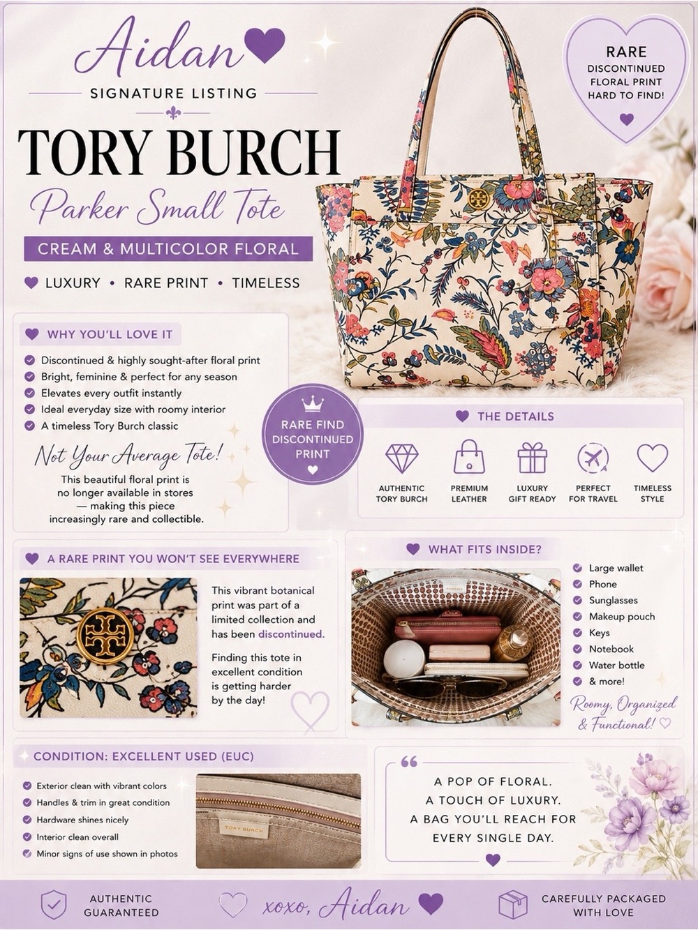 Tory Burch Parker Small Floral Tote Bag Cream Multicolor Leather EUC *Rare Print - Picture 2 of 9